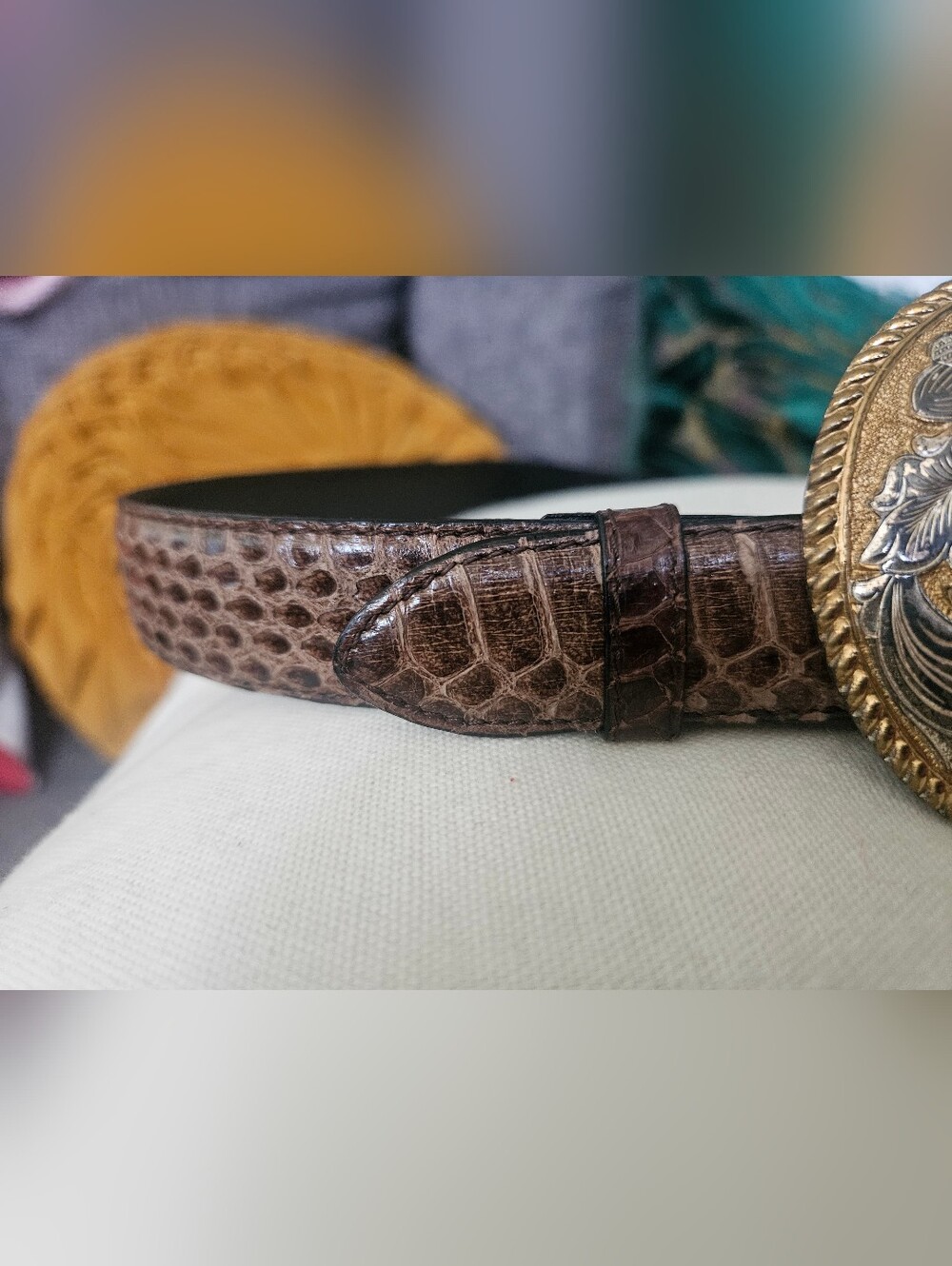 Vintage Genuine Snakeskin Belt With Crumrine Ornate Heavy Silver Ovr Bronze Belt - Picture 5 of 16
